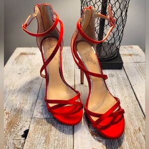 Elegant Red Strappy Heels; Badgley Mischka Heels; Prom Formal Shoes; Size 7